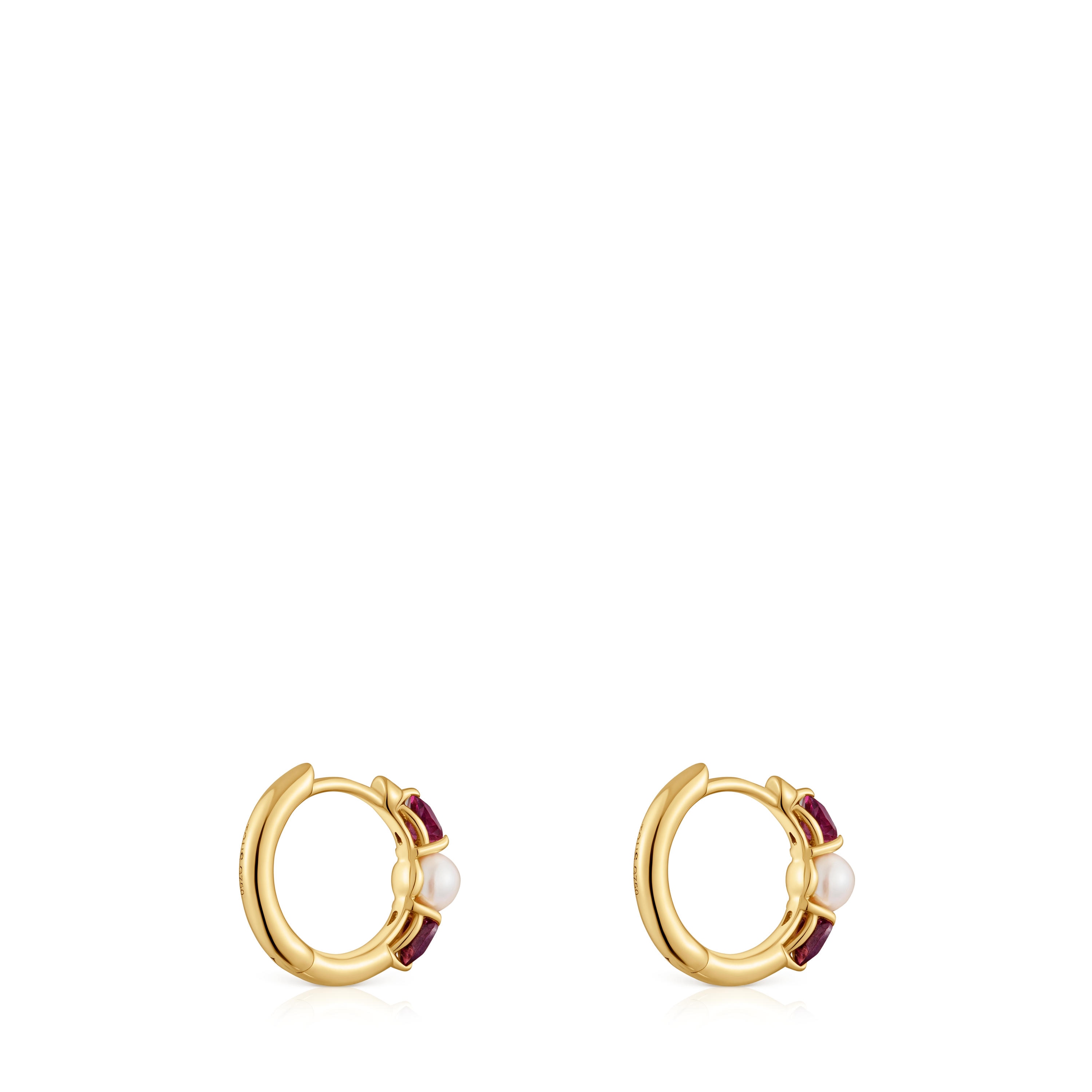 Gold Hoop earrings with rhodolites and cultured pearl Ivette