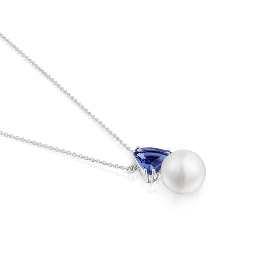 Short white gold Necklace with iolite and cultured pearl Ivette