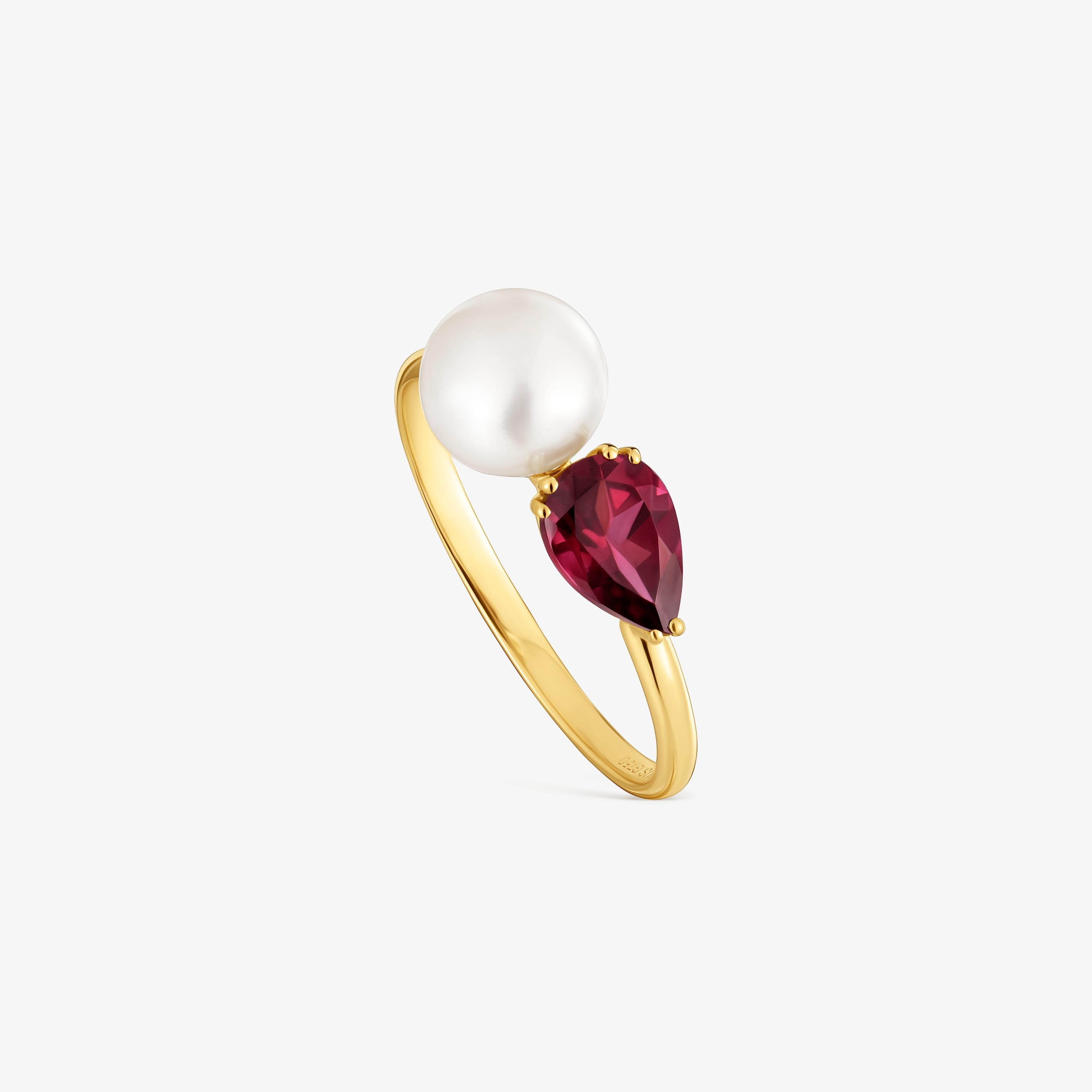 18K solid gold Ring with rhodolite and cultured pearl Ivette