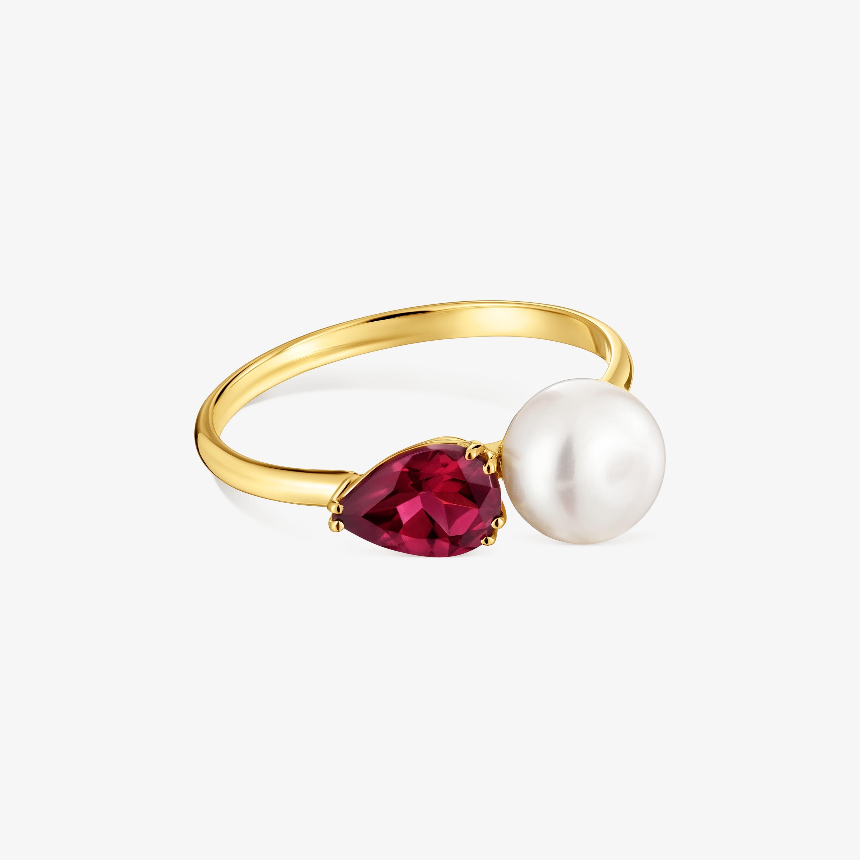 18K solid gold Ring with rhodolite and cultured pearl Ivette
