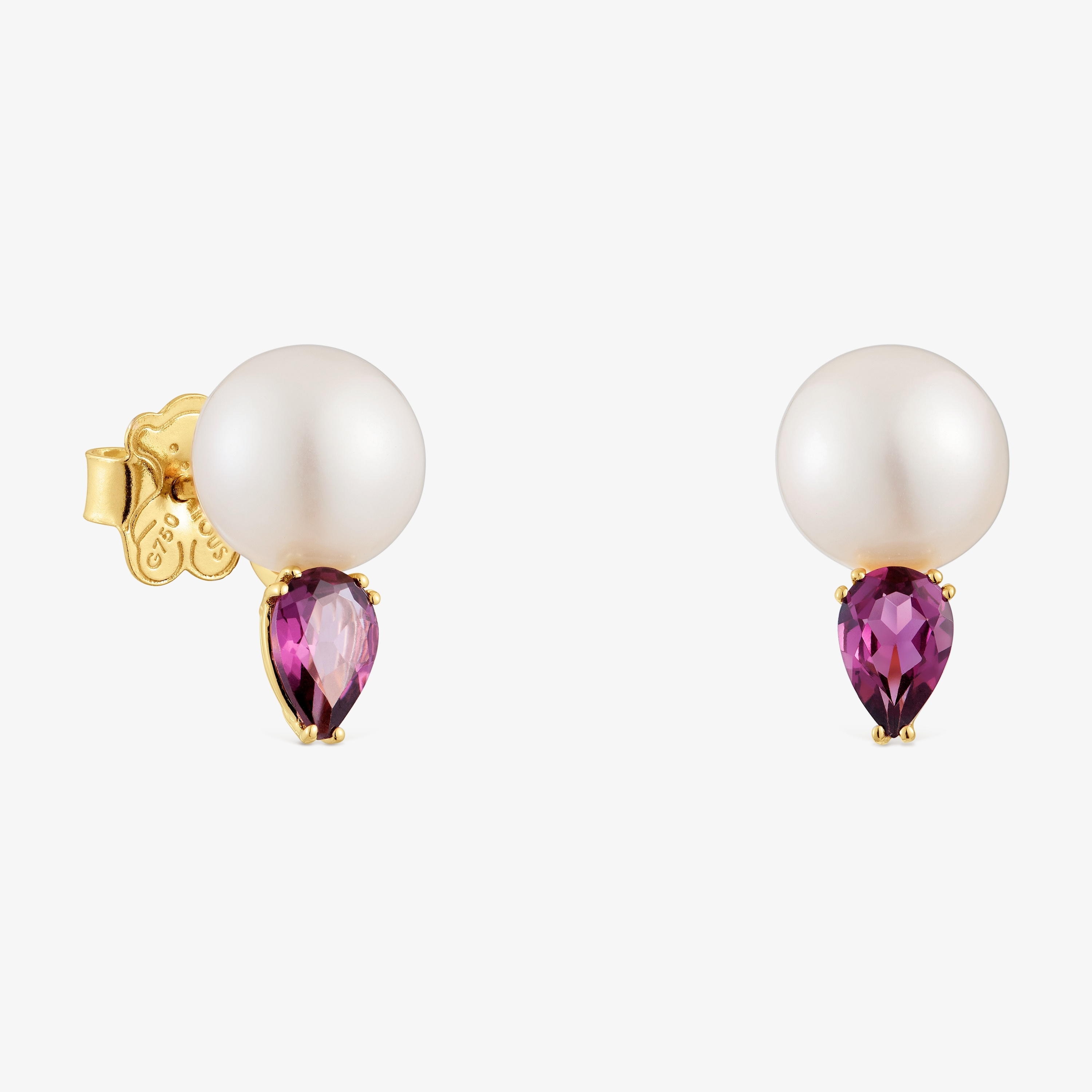 18K solid gold Earrings with rhodolites and cultured pearl Ivette