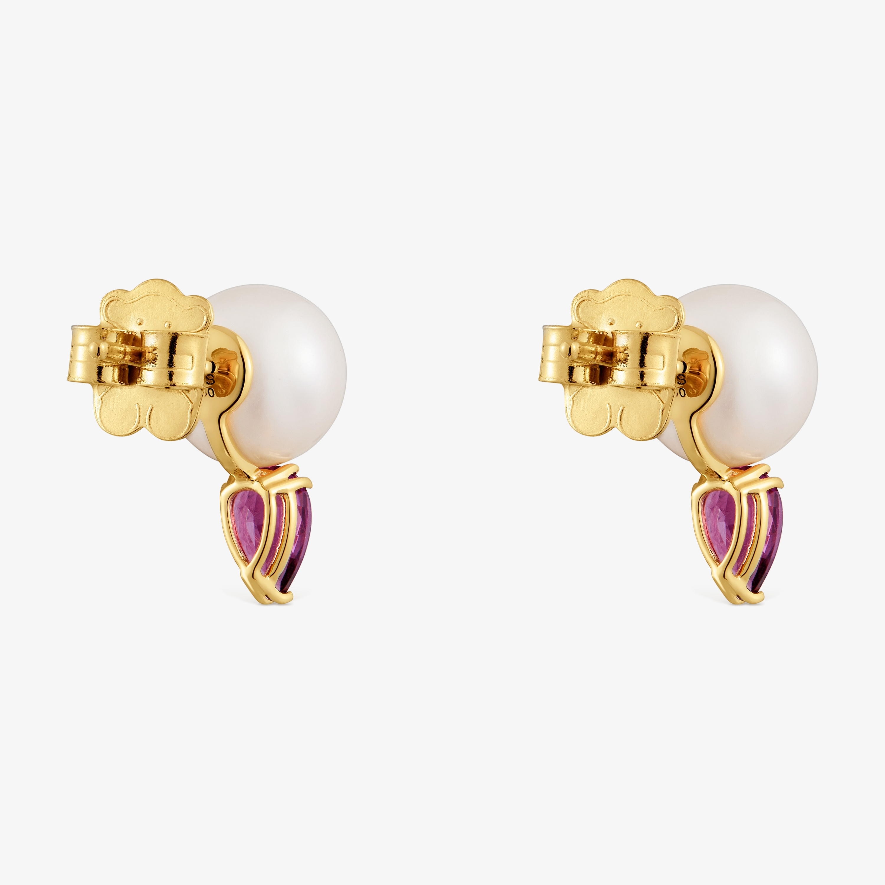 18K solid gold Earrings with rhodolites and cultured pearl Ivette