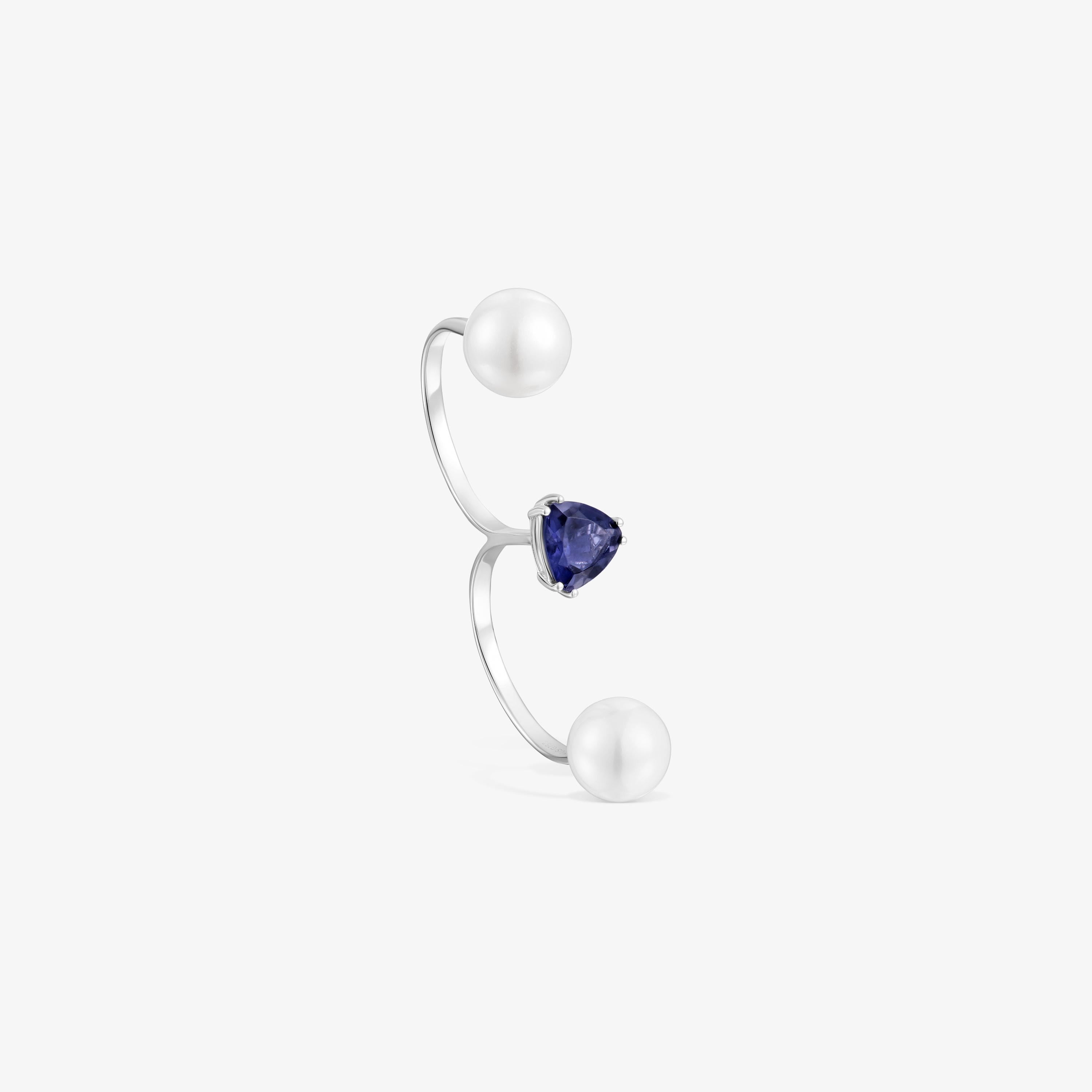 18K white gold double open Ring with iolite and cultured pearl Ivette