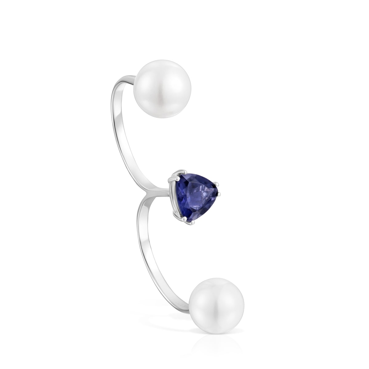 White gold double open Ring with iolite and cultured pearl Ivette