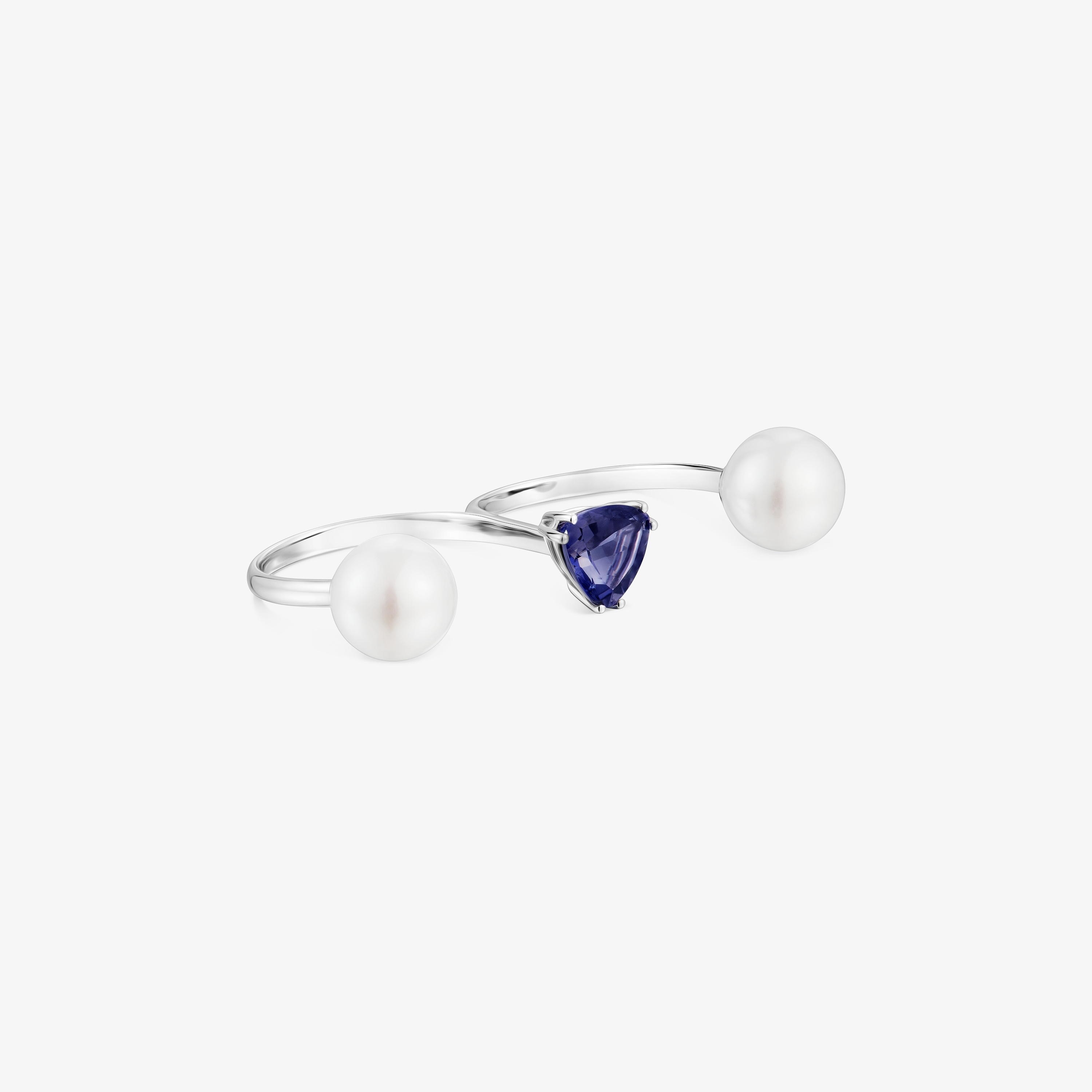 18K white gold double open Ring with iolite and cultured pearl Ivette