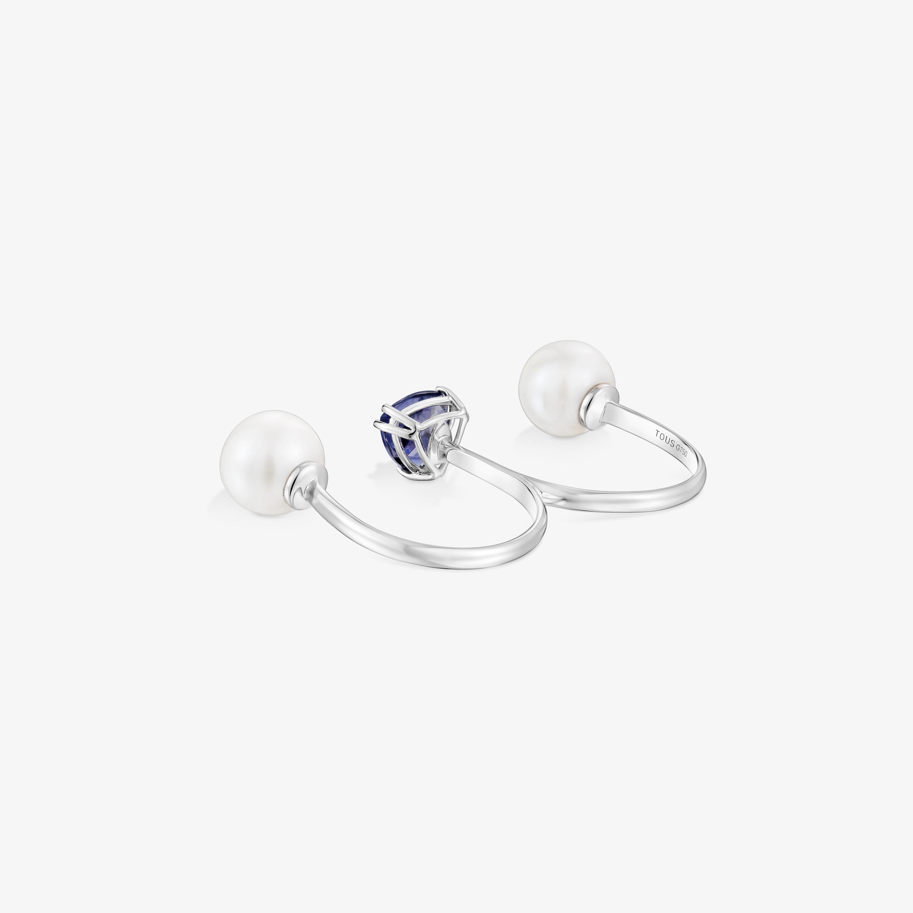 18K white gold double open Ring with iolite and cultured pearl Ivette