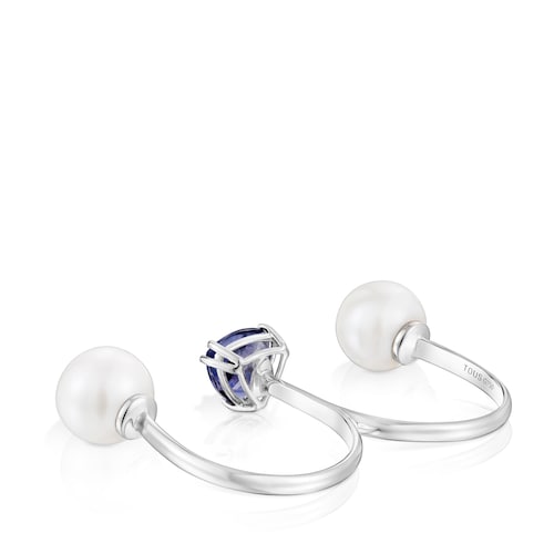 White gold double open Ring with iolite and cultured pearl Ivette