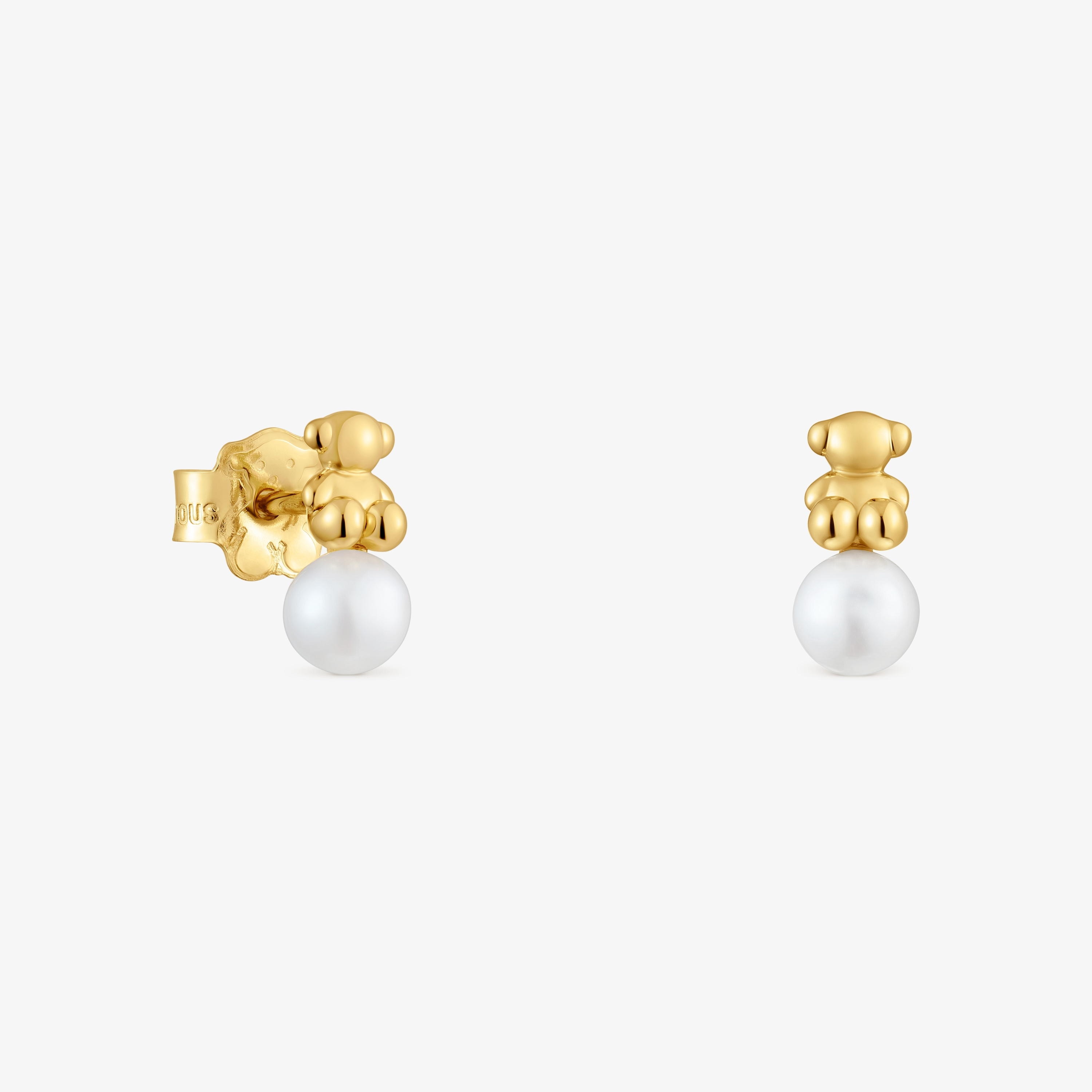Bold Bear 18K solid gold Earrings with cultured pearl and bear charm