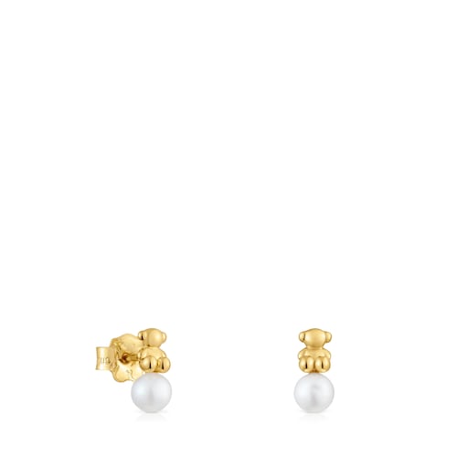 Bold Bear gold Earrings with cultured pearl and bear charm