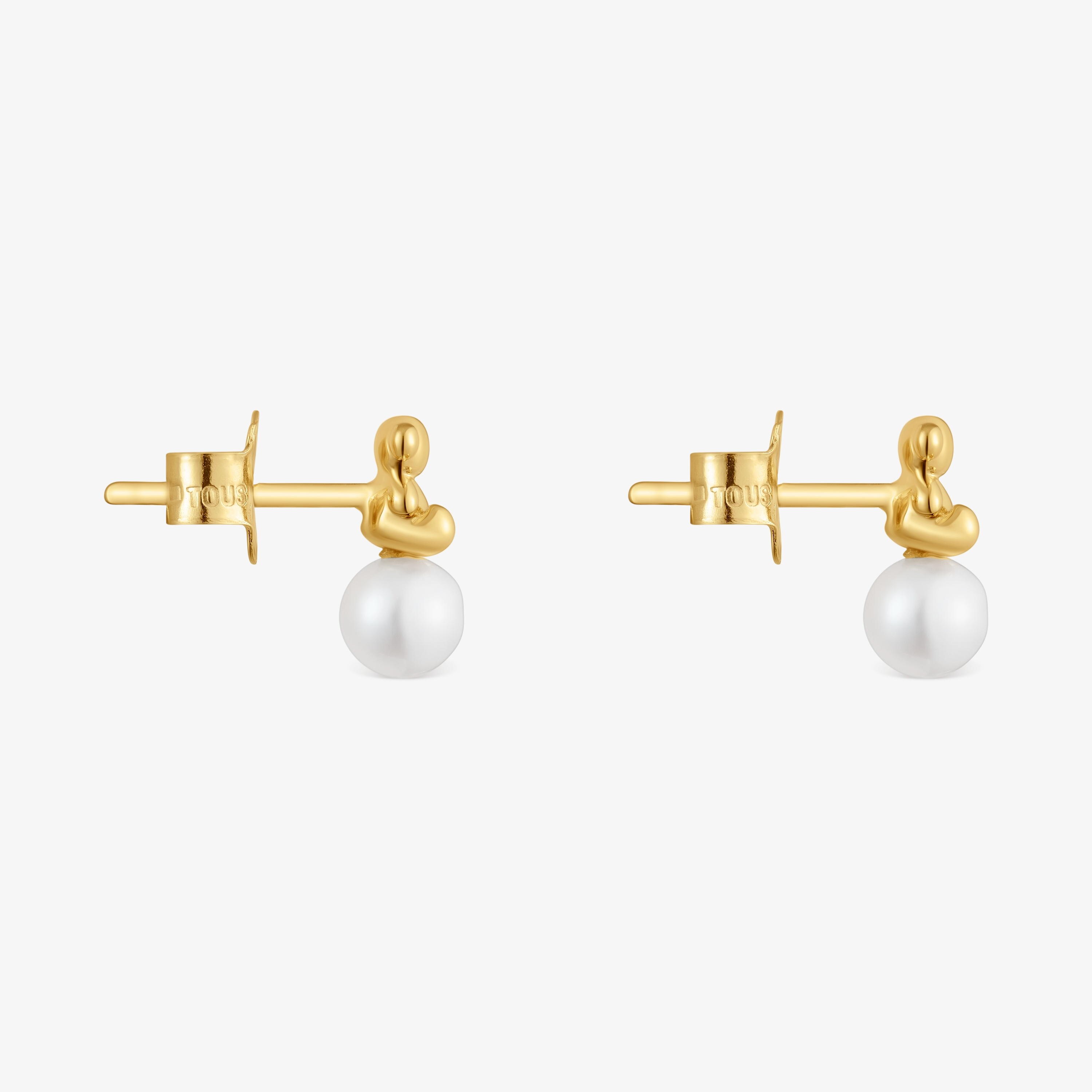 Bold Bear 18K solid gold Earrings with cultured pearl and bear charm