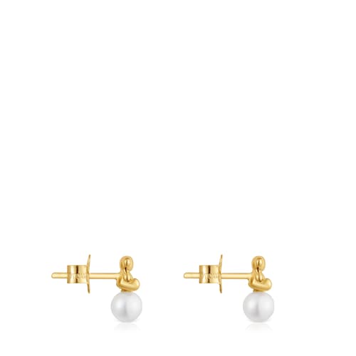 Bold Bear gold Earrings with cultured pearl and bear charm
