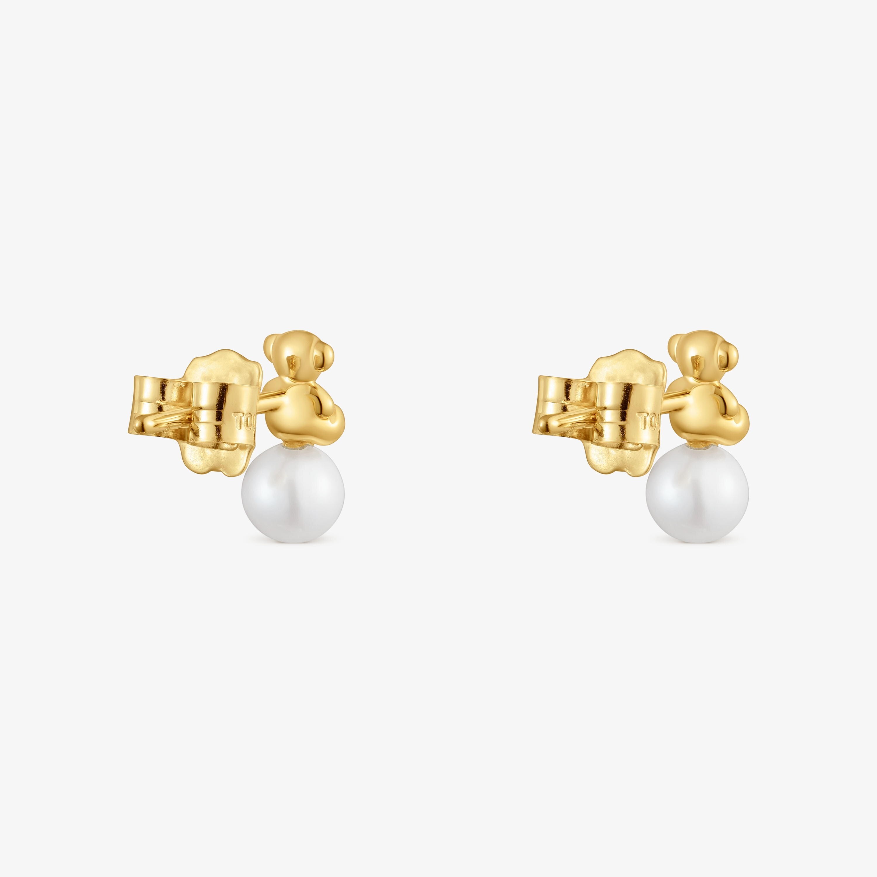 Bold Bear 18K solid gold Earrings with cultured pearl and bear charm