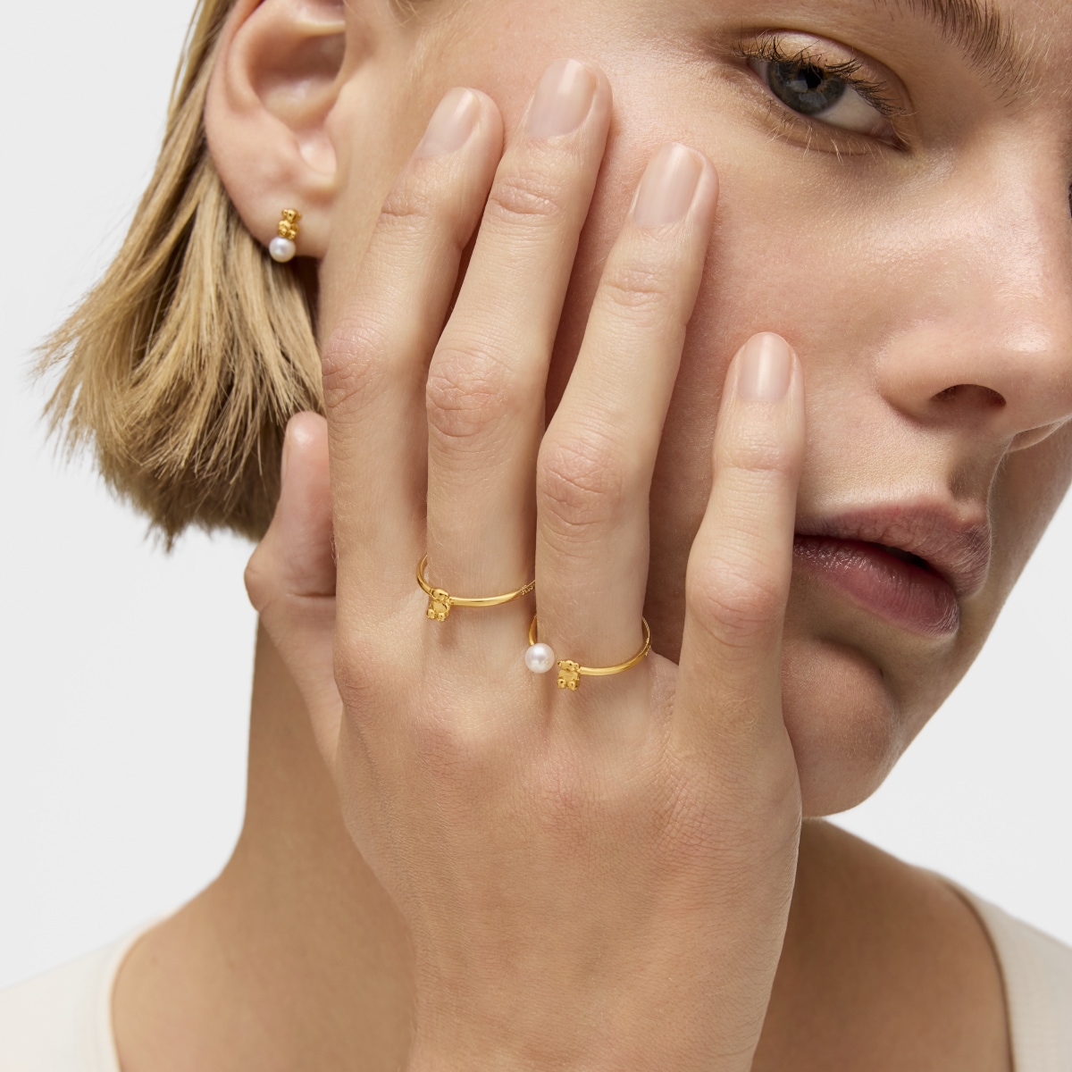 Anillo abierto oso de oro y perla cultivada Bold Bear