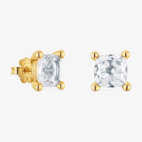 Aretes con ba&ntilde;o de oro 18 kt sobre plata y cuarzo cristal de roca Color White