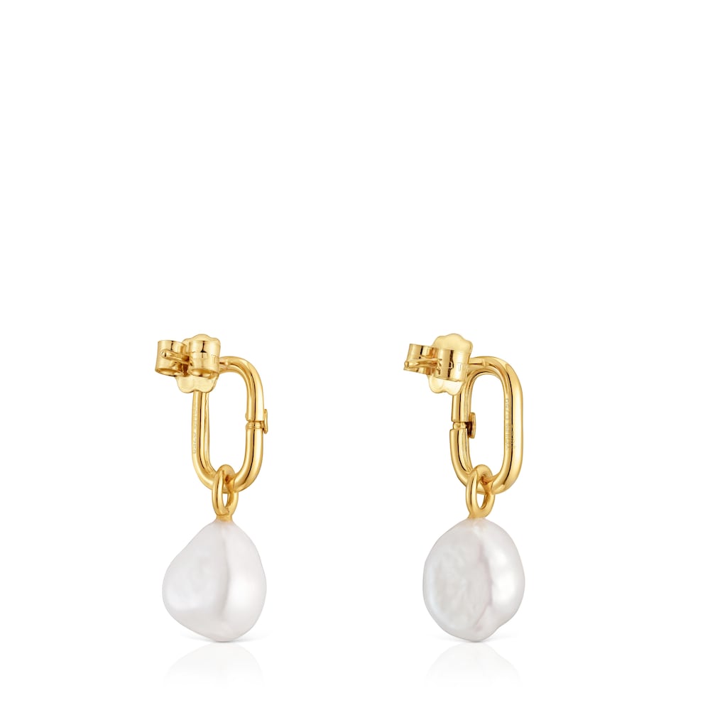 Hold Oval short gold Earrings with cultured pearls image number 2