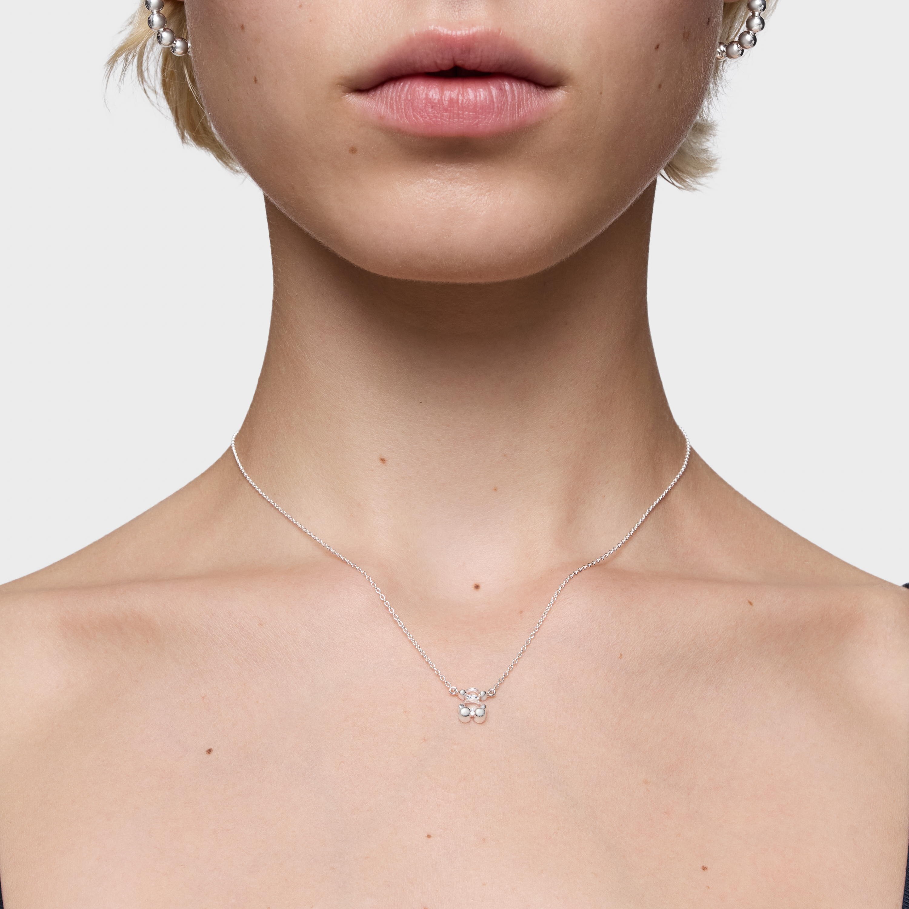 Short silver and rock crystal quartz bear motif Necklace Color