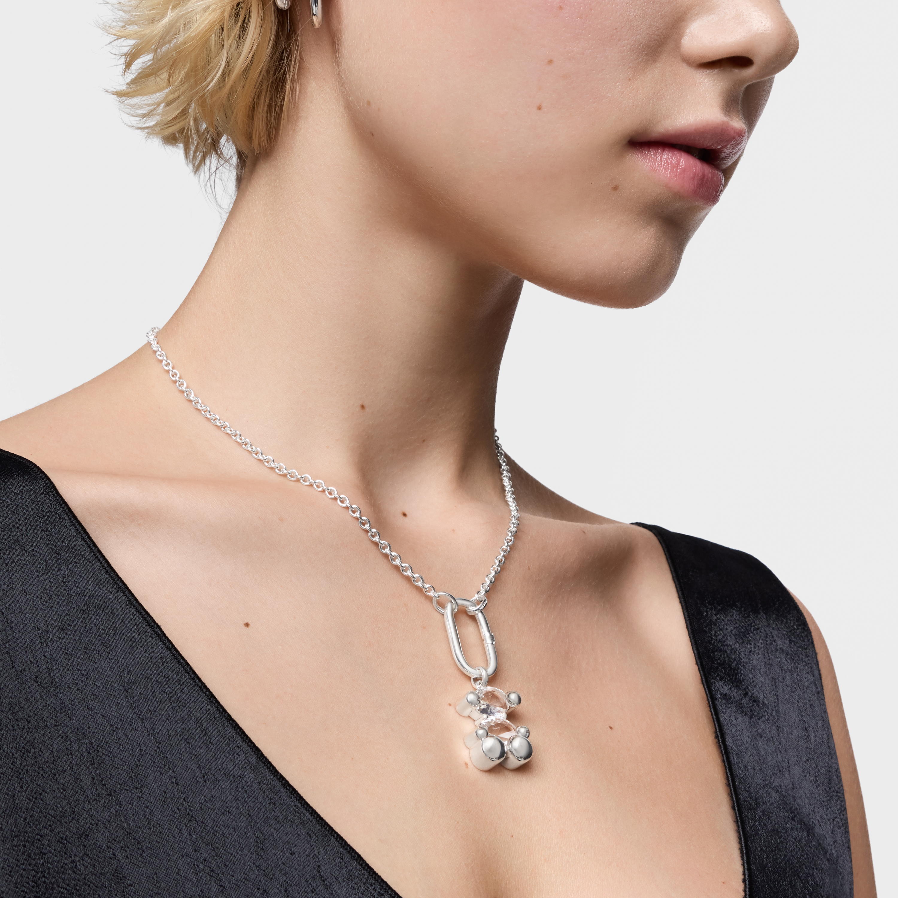 Medium silver and rock crystal quartz bear motif Pendant Color Bear