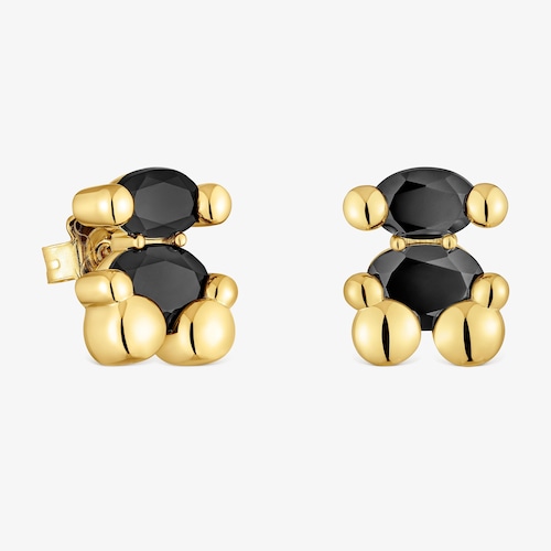 Pendientes motivo oso con ba&ntilde;o de oro 18 kt sobre plata y &oacute;nix 14 mm Color Bear