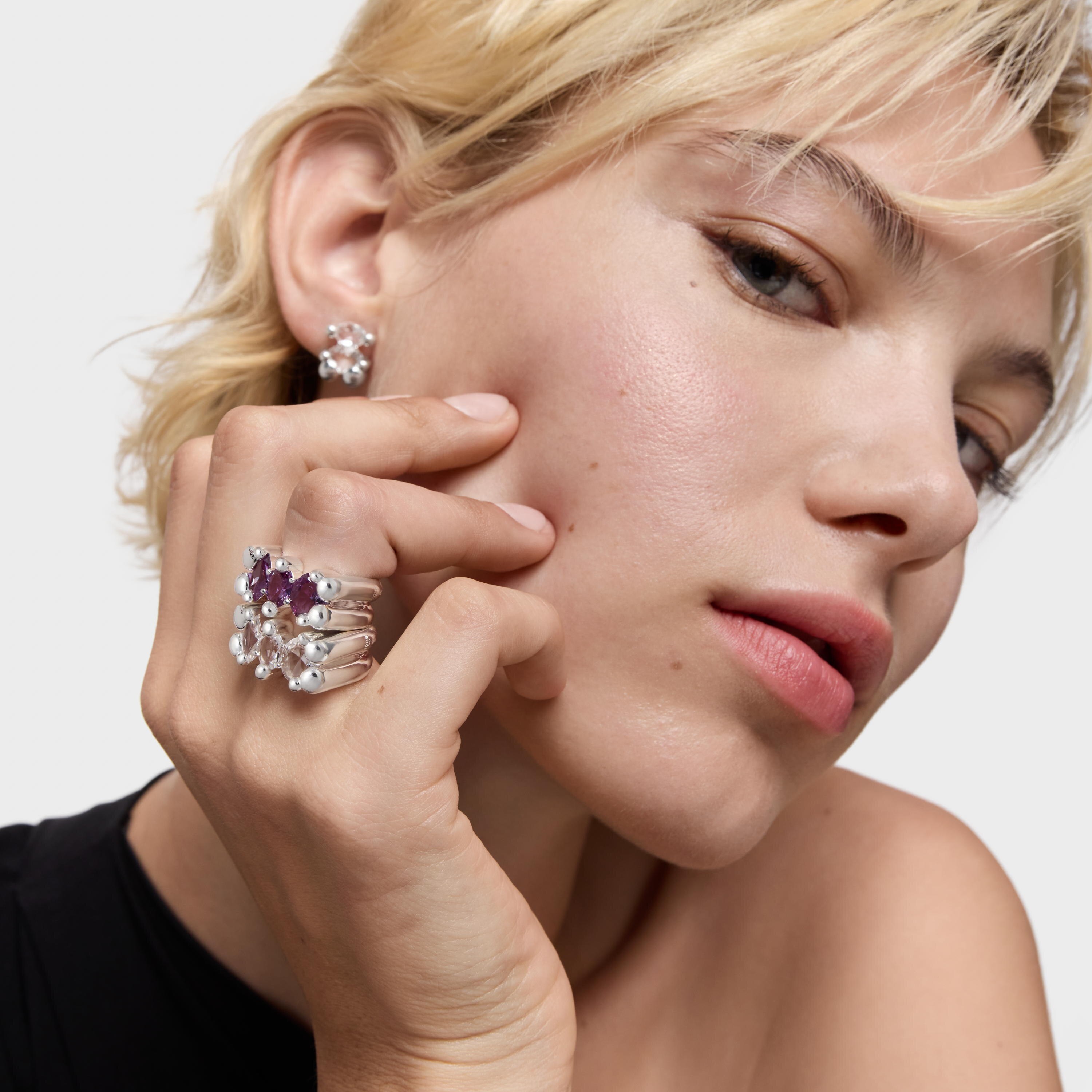 Medium silver and rock crystal quartz Bear motif Ring Color