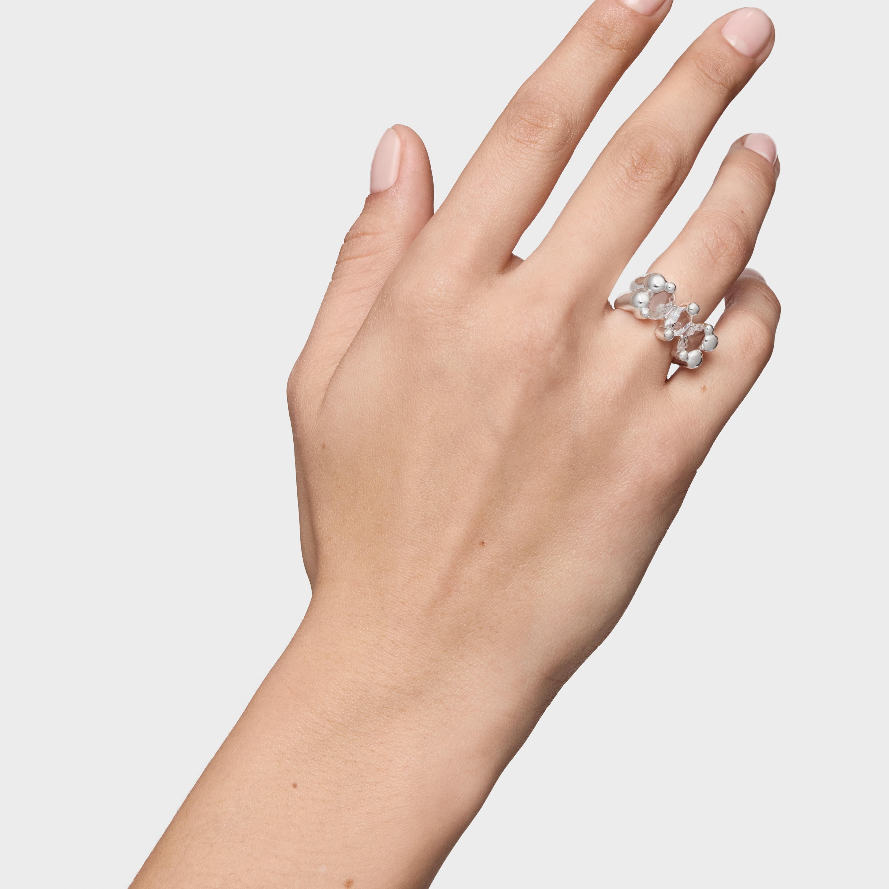 Medium silver and rock crystal quartz Bear motif Ring Color