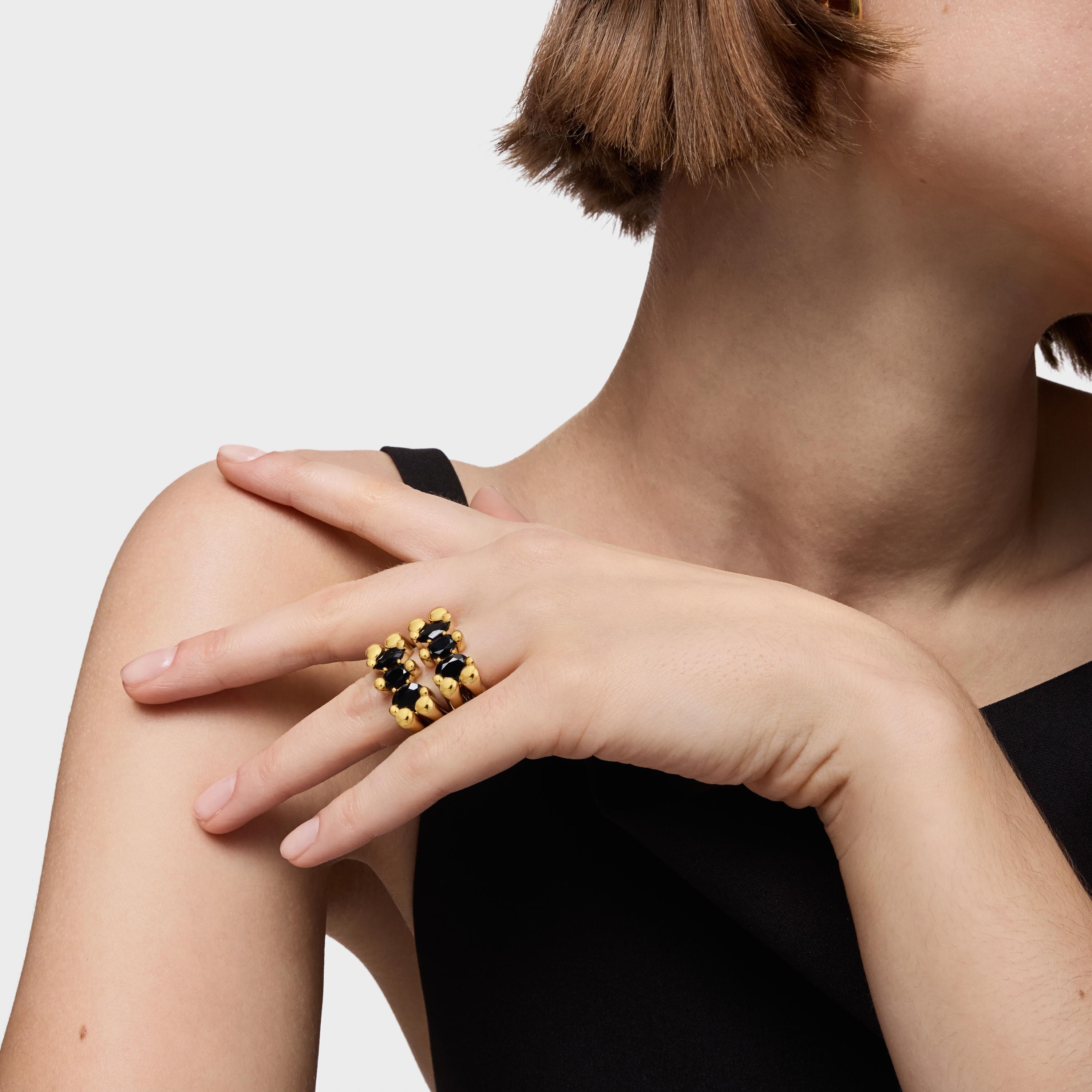 Medium 18kt gold plating over silver and onyx Bear motif Ring Color