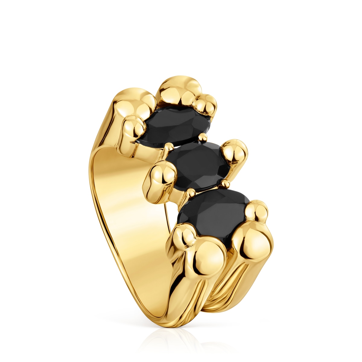 Medium 18kt gold plating over silver and onyx bear motif Ring Color Bear