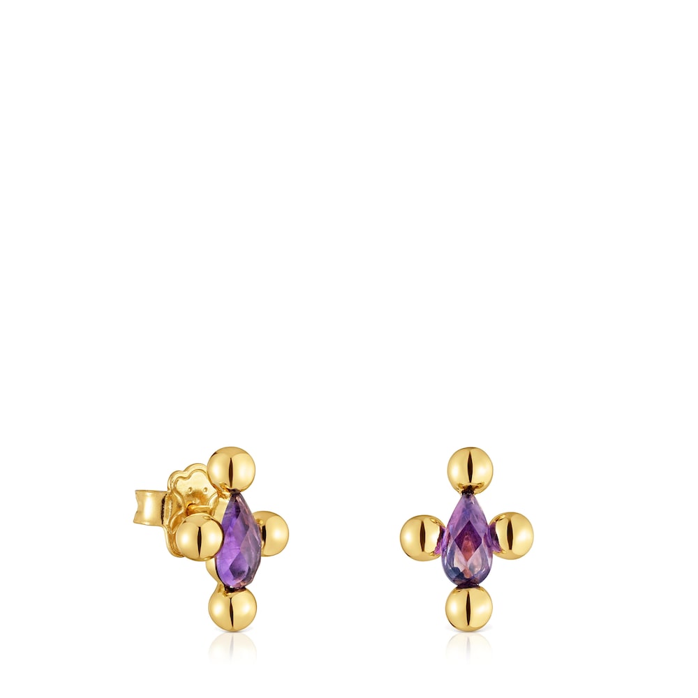 Pendientes cortos con baño de oro 18 kt sobre plata y amatista Sugar Party image number 0