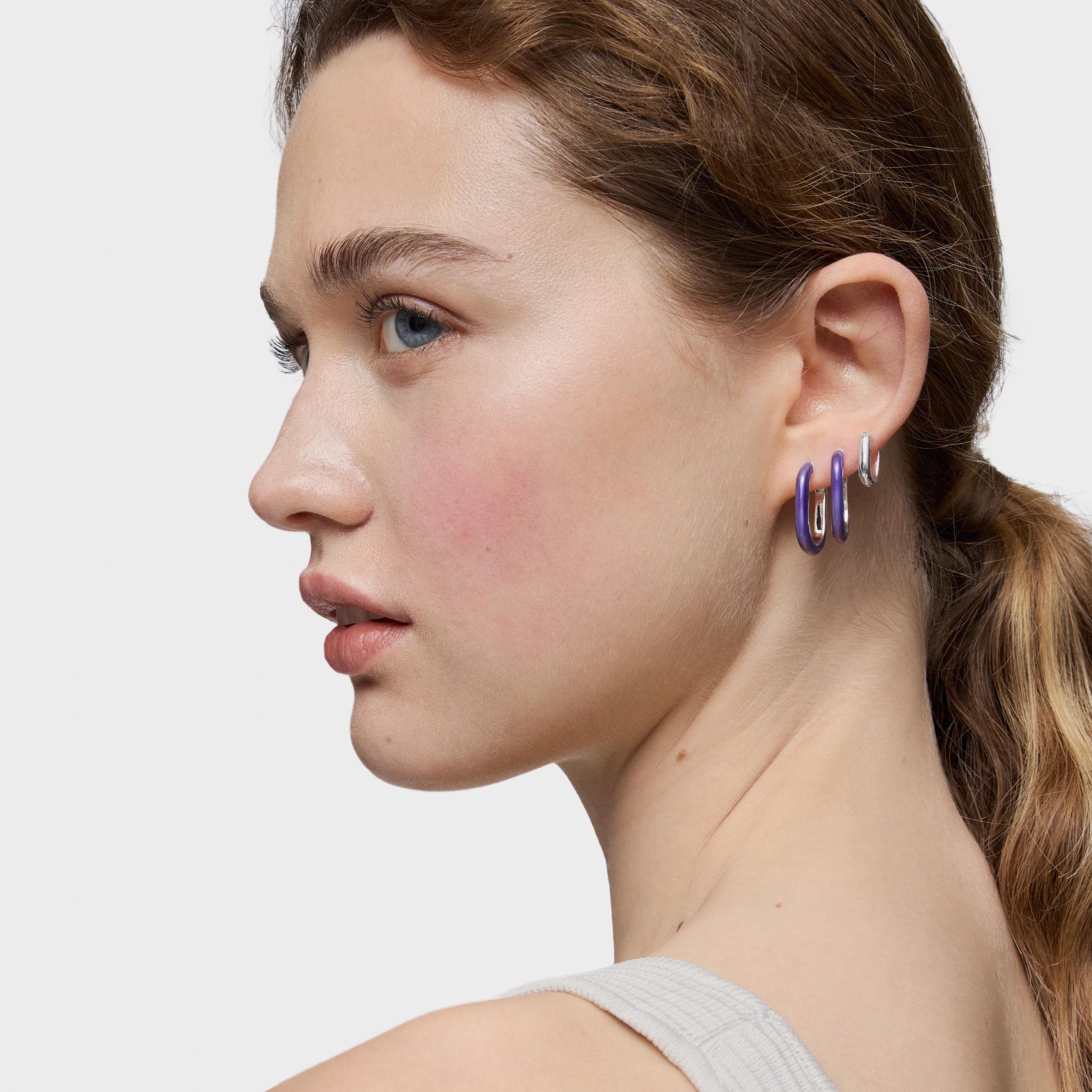 Silver and Lilac Enamel Hoop Earrings LINE