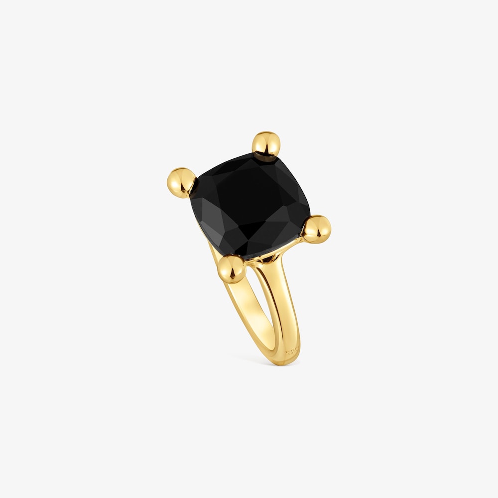 Středně velk&yacute; Prsten Color Black ze stř&iacute;bra pozlacen&eacute;ho 18kar&aacute;tov&yacute;m zlatem a onyxu