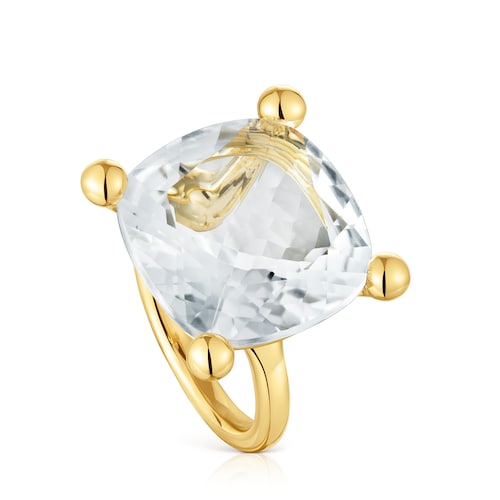 Large 18kt gold plating over silver and rock crystal quartz Ring Color White