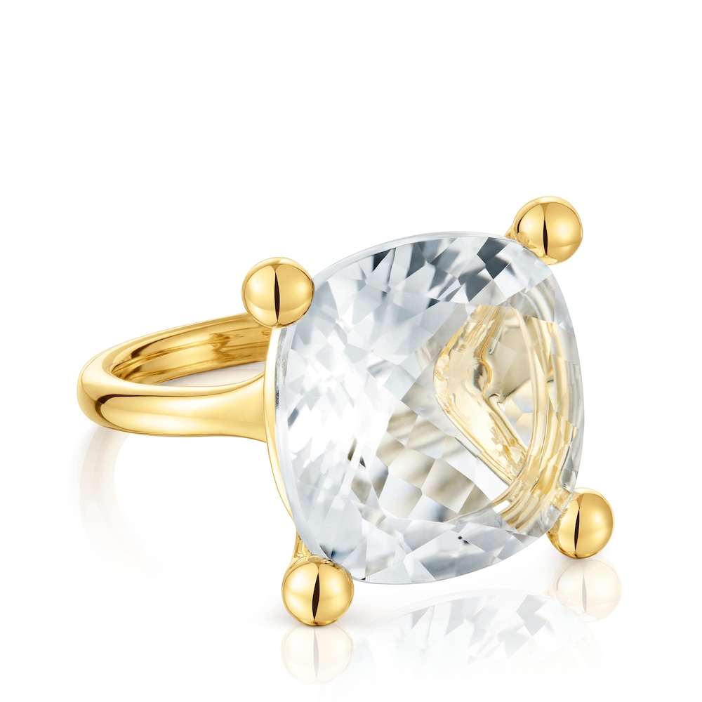 Anillo grande con baño de oro 18 kt sobre plata y cuarzo cristal de roca Color White image number 1