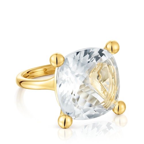 Large 18kt gold plating over silver and rock crystal quartz Ring Color White