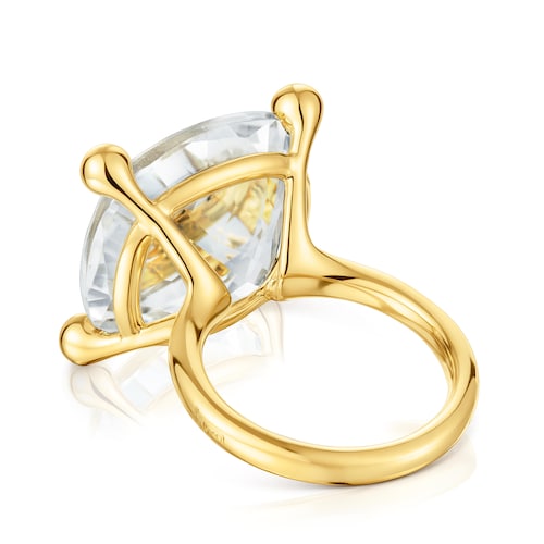 Large 18kt gold plating over silver and rock crystal quartz Ring Color White