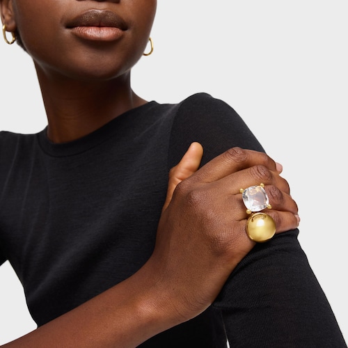 Large 18kt gold plating over silver and rock crystal quartz Ring Color White
