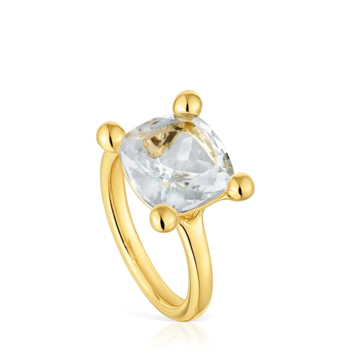 Medium 18kt gold plating over silver and rock crystal quartz Ring Color White
