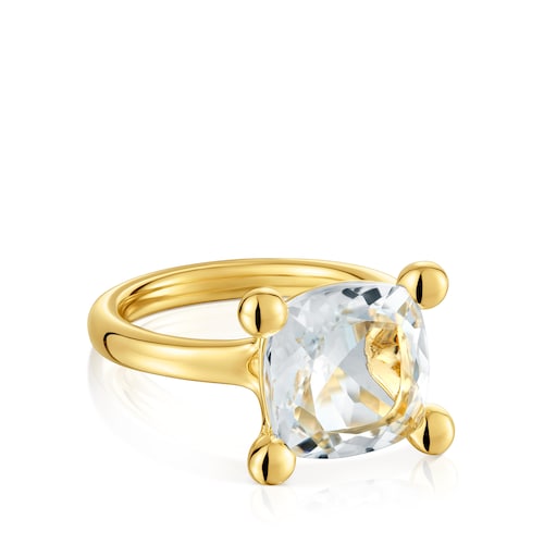 Medium 18kt gold plating over silver and rock crystal quartz Ring Color White