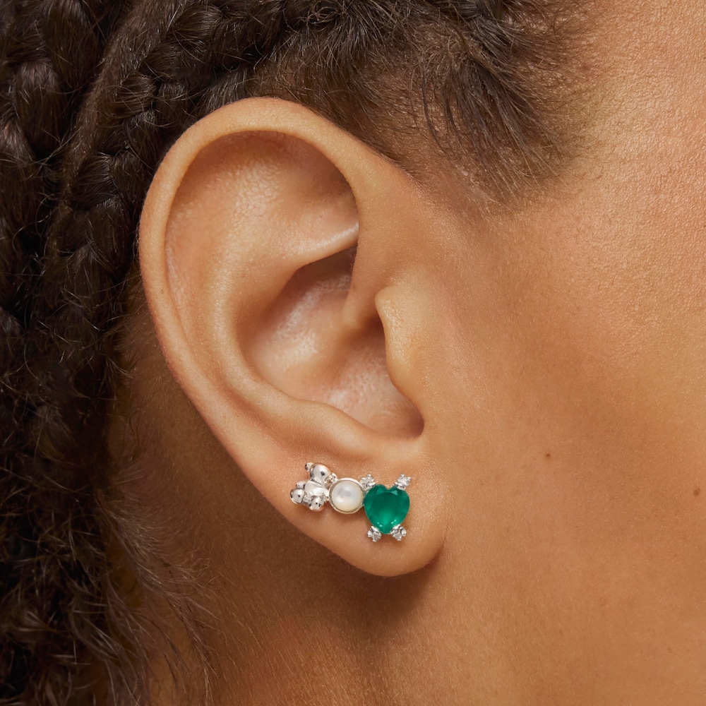 Kolczyki typu climber Color Pills z misiem ze srebra, masa perłowa i chalcedonem