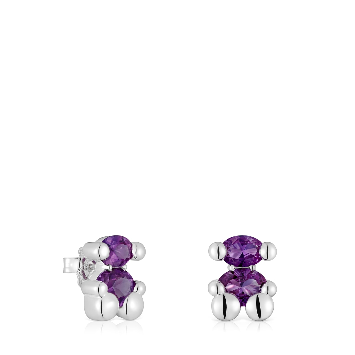 13 mm silver bear motif Earrings with lab-grown lilac sapphire Color Bear LGG