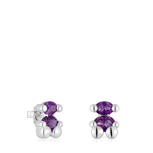 13 mm silver bear motif Earrings with lab-grown lilac sapphire Color Bear LGG