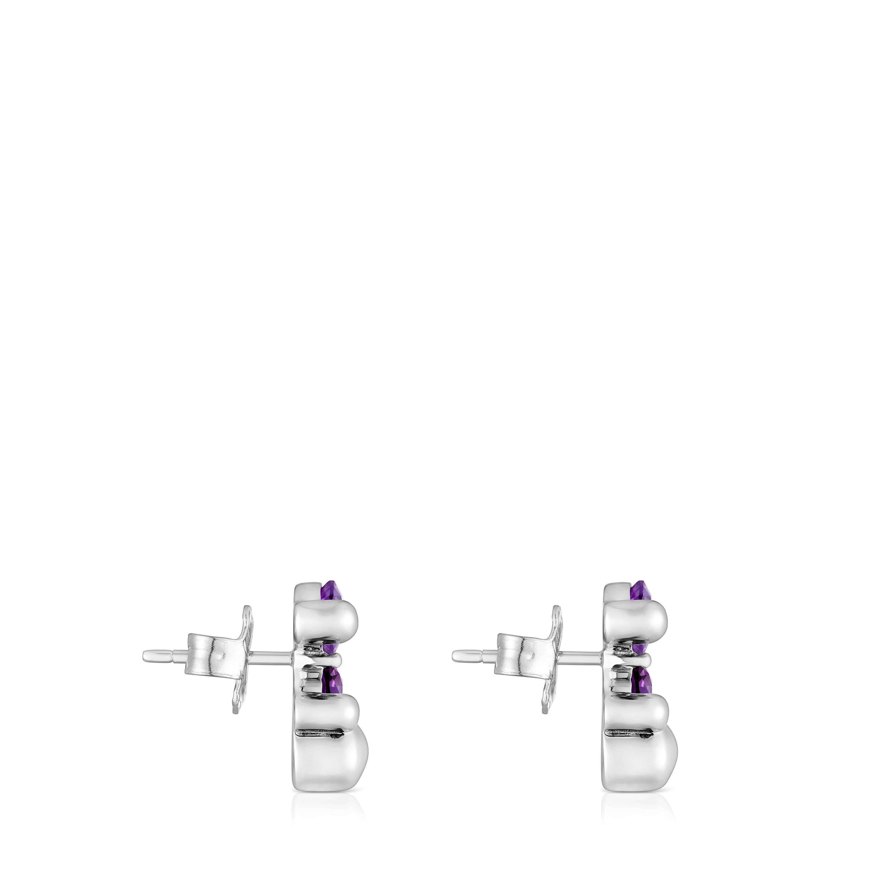 mm silver bear motif Earrings with lab-grown lilac sapphire Color Bear LGG