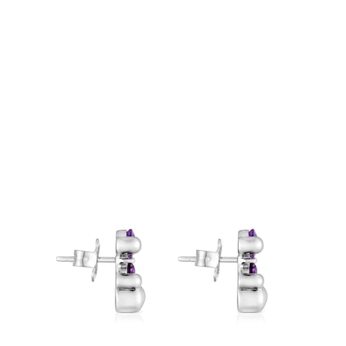 13 mm silver bear motif Earrings with lab-grown lilac sapphire Color Bear LGG