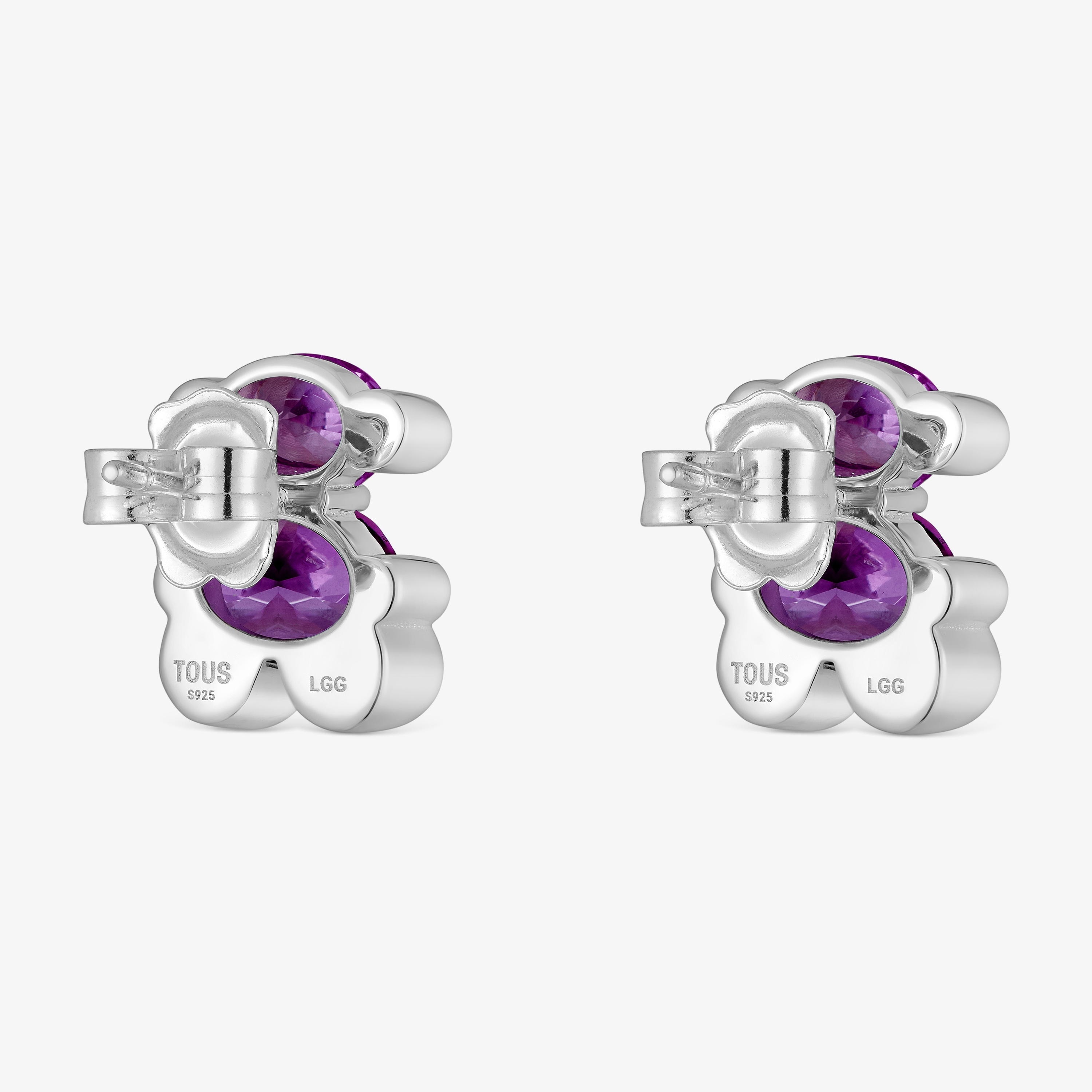 mm silver bear motif Earrings with lab-grown lilac sapphire Color Bear LGG