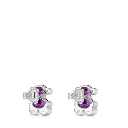 13 mm silver bear motif Earrings with lab-grown lilac sapphire Color Bear LGG
