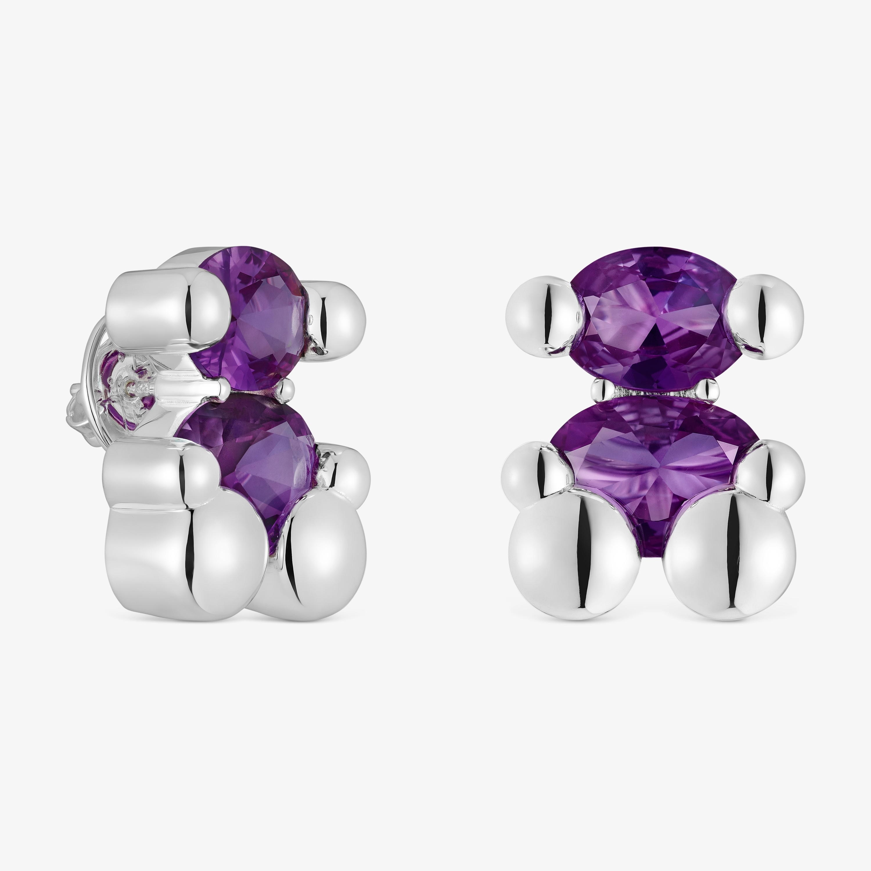 23 mm silver bear motif Earrings with lab-grown lilac sapphire