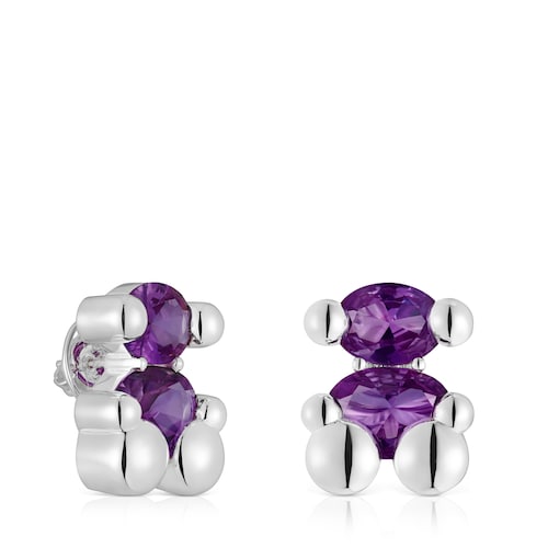 23 mm silver bear motif Earrings with lab-grown lilac sapphire Color Bear LGG
