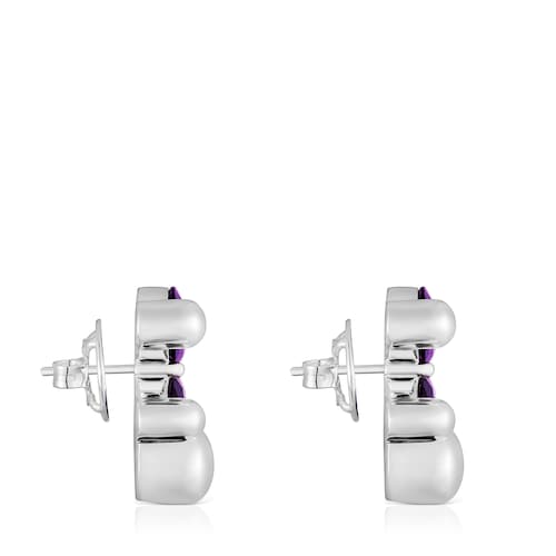 23 mm silver bear motif Earrings with lab-grown lilac sapphire Color Bear LGG