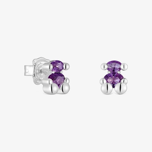 8 mm silver bear motif Earrings with lab-grown lilac sapphire Color Bear LGG