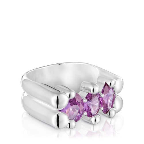 Anillo mediano motivo oso de plata y zafiro lila creado en laboratorio Color Bear LGG