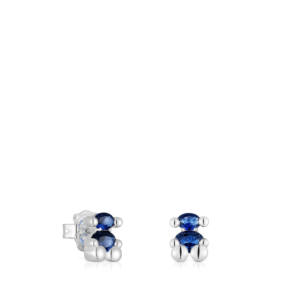 8 mm silver bear motif Earrings with lab-grown lilac-colored sapphire Color Bear LGG