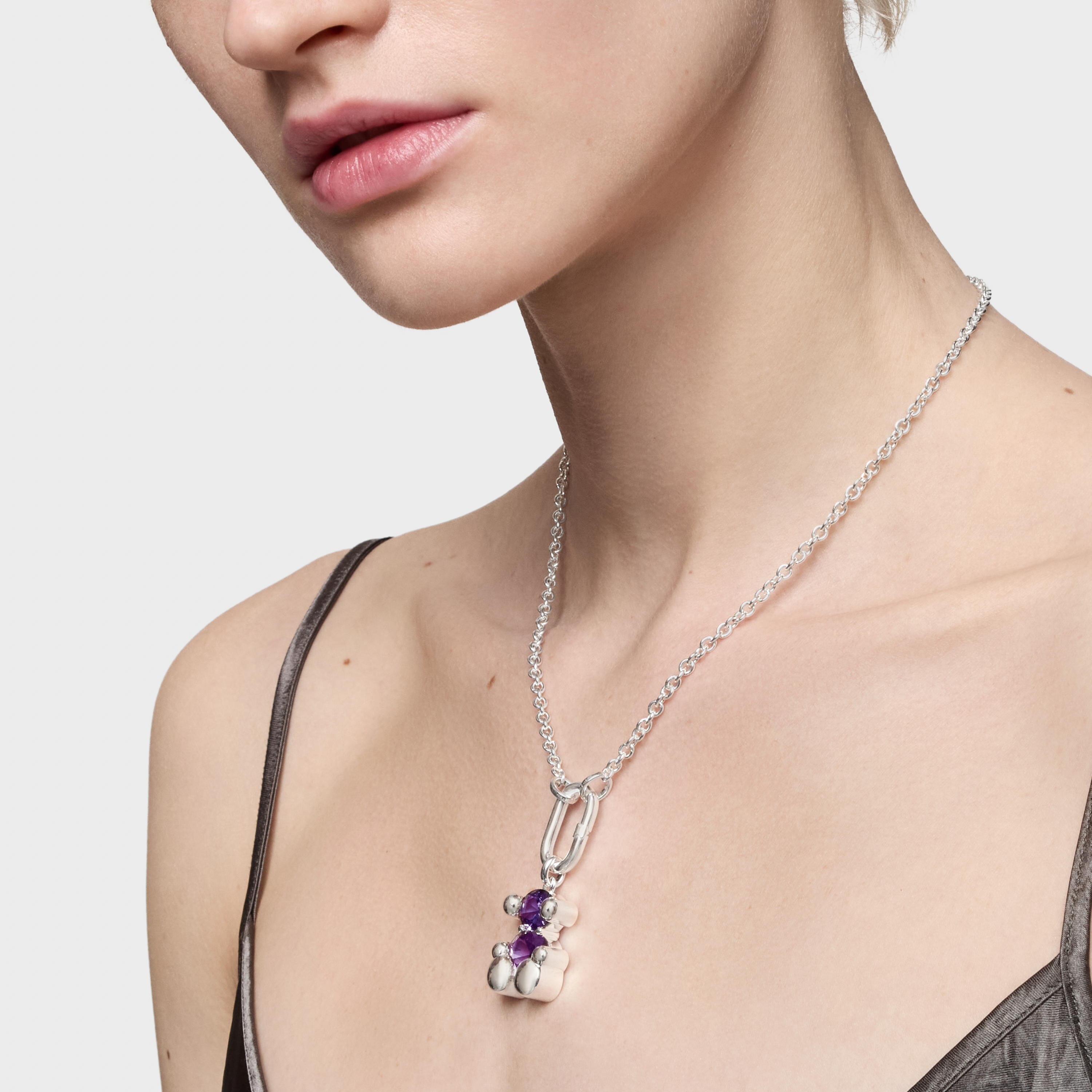 Medium silver bear motif Pendant with lab-grown lilac